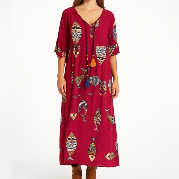 Miss Dodo bohemian flowy fish Patterned maxi Dress - Picture 1 of 7